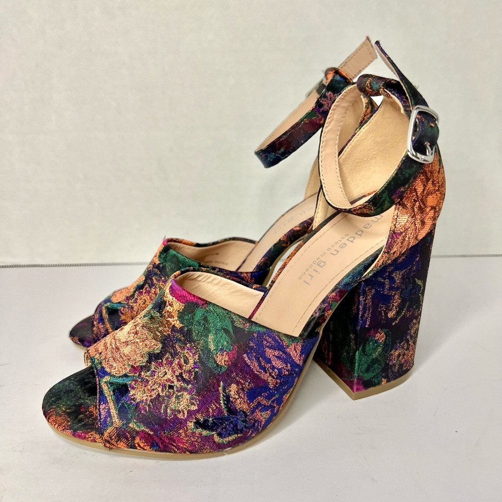 Steve Madden MADDEN GIRL Clarah Velvet Brocade Printed Ankle Strap Heels